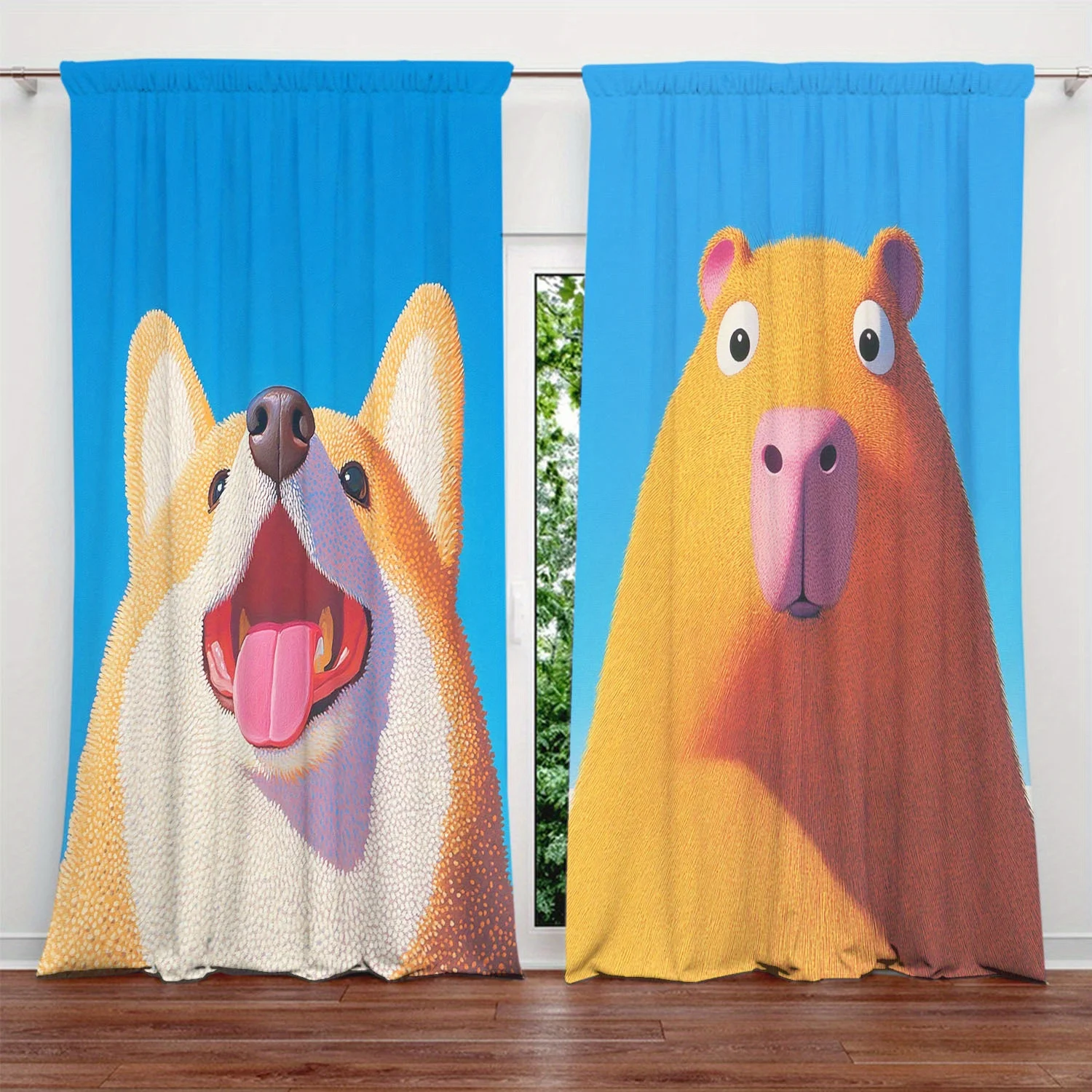 Funny Dog Curtain Corgi & Capybara Face Print Drape Cute Animal Cartoon Window Treatment for Kids Bedroom Living Room Home Decor