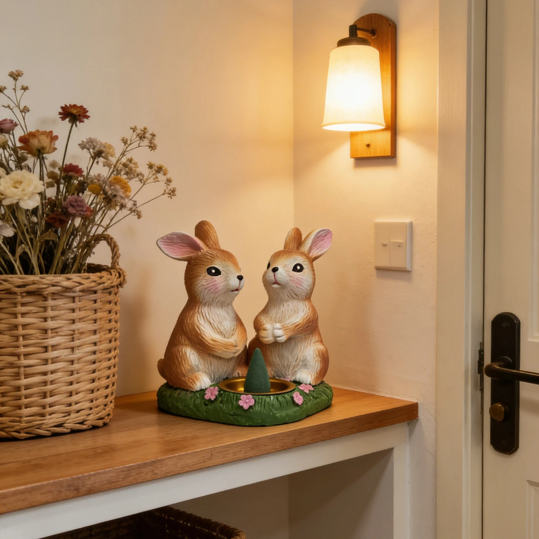 Resin Ornament with Double Rabbits and a Grass Flower Base, Featuring a Reverse Flow Incense Burner, Suitable for Tea Room Display Shelves, Open Storage Compartments, Home Decor, and as a Decorative Piece. It Symbolize