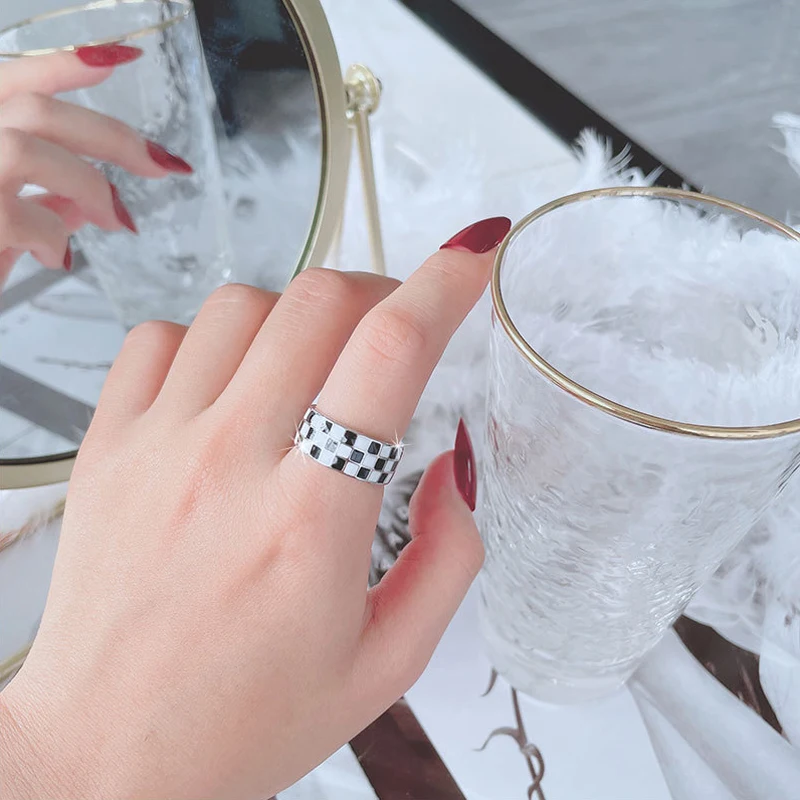 Women's 925 Sterling Silver Black Grid Adjustable Ring, Trendy
