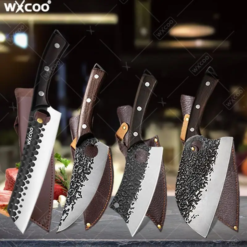 

Набор кухонных ножей WXCOO: Кованый нож мясника из нержавеющей стали ручной работы с деревянной ручкой, нож для чистки фруктов и универсальный нож с ножнами