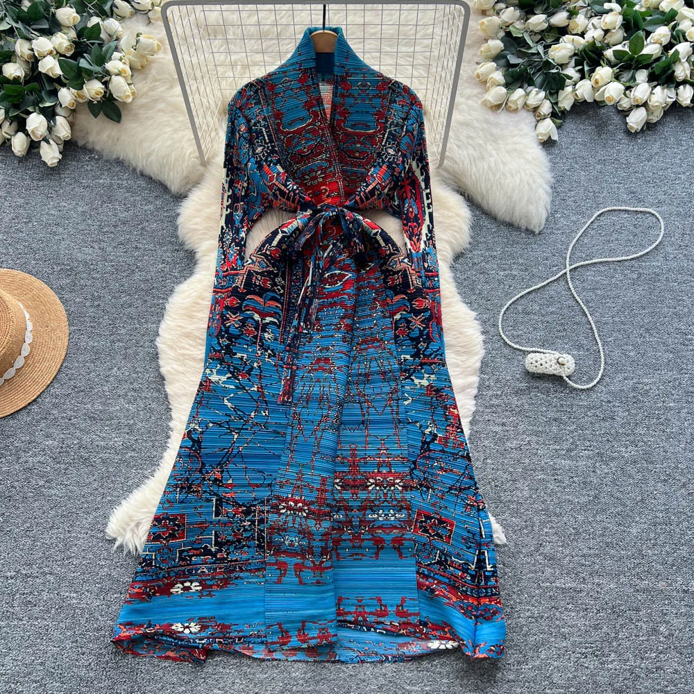 Miyake mode bedrukte jurk dames premium gevoel riem taille v-hals vest met lange mouwen geplooide lange rok