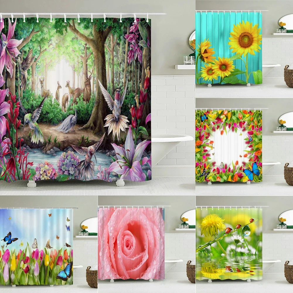 3D Fresh Flower Shower Curtain Bath Curtains Bathroom Waterproof Polyester Bathtub Screen With 12pcs Hook 180 x180cm 180 x 200cm