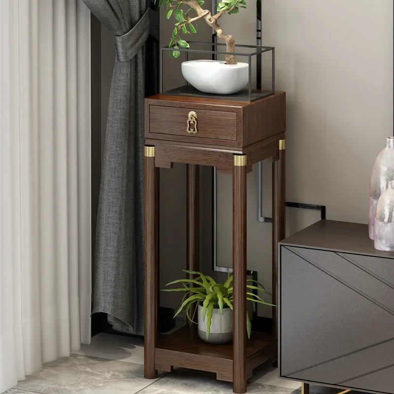 

Chinese style solid wood flower stand Antique indoor floor standing frame Minimalist plant rack Drawer waterproof storage rack