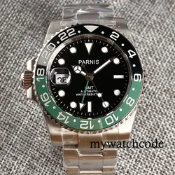 PARNIS GMT 40mm Left-handed Automatic Men Wristwatch Sapphire Glass Rotating Bezel Bracelet Ceramic Insert Screwdown Crown