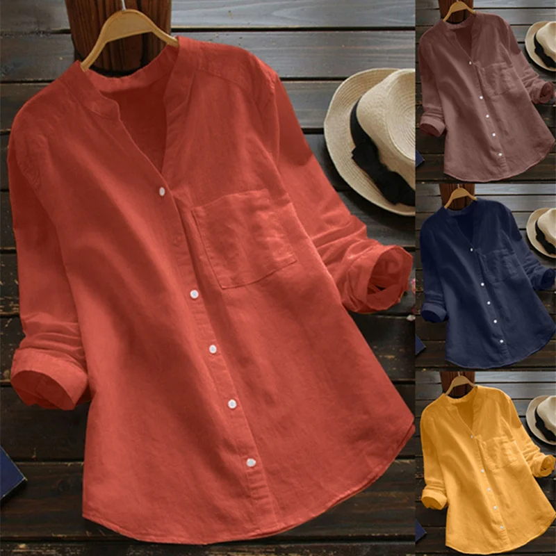 Ladies Casual Standup Collar Long irt Cleanfit Sle Button Detail Polyester Fabric Regular Sve Women's Top