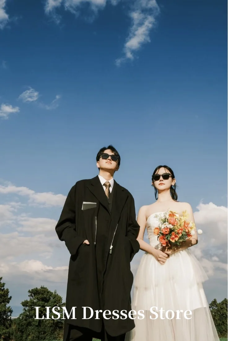 LISM Strapless A-Line Korea Wedding Dresses Photo Shoot Soft Tulle Floor Length Elegant Bridal Gowns 웨딩드레스 Customized Corsets