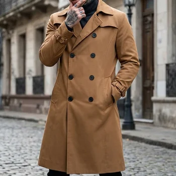 Men's Thin Double-Breasted Knee-Length Windbreaker 5 Men's Windbreaker Thin Double Breasted Windbreaker Streetwear Outdoor Casual Long Windbreaker Knee-length Jacket for Man 5