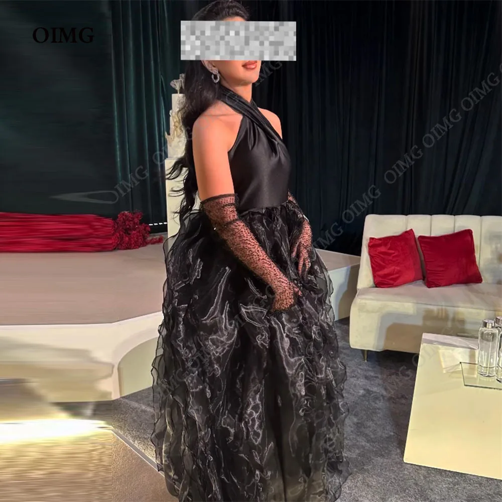 

OIMG Formal Black Tiered Prom Dresses A-Line Halter Satin/Organza Party Gowns Floor Length Arabic vestidos de gala 2024