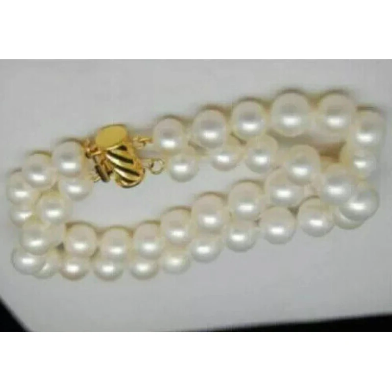 2 ROW AAAA 9-10mm Natural South Sea White Women's Pearl Bracelet 7.5-8 14K Gold Buckle -