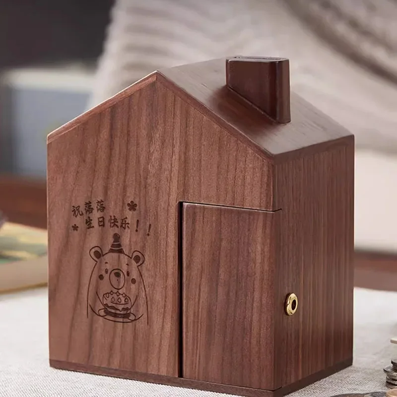 Solid Wood Piggy Bank for Kids Only In No Out Design Natural Wooden Money Box Durable Christmas Birthday Gift for Boys and Girls