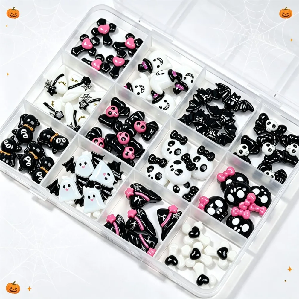 12grids 3D Black White Halloween Nail Charms Lovely Skull/Ghost/ Cross/Cat/Pumpkin/Bat Nail Gems Resin Flatback Nail Decoration