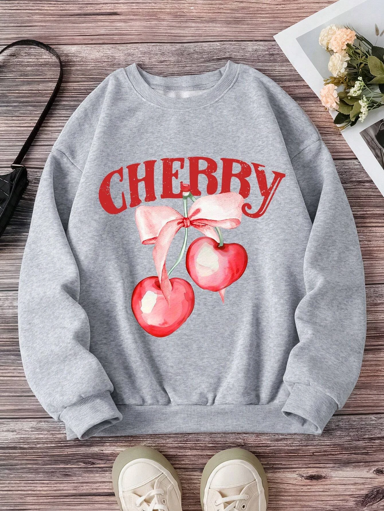 

Simple Cherry Blossom Print Sweatshirt Crewneck Fleece Long Sleeve Oversized Hip Hop Pullovers Fashion All-Match Clothes