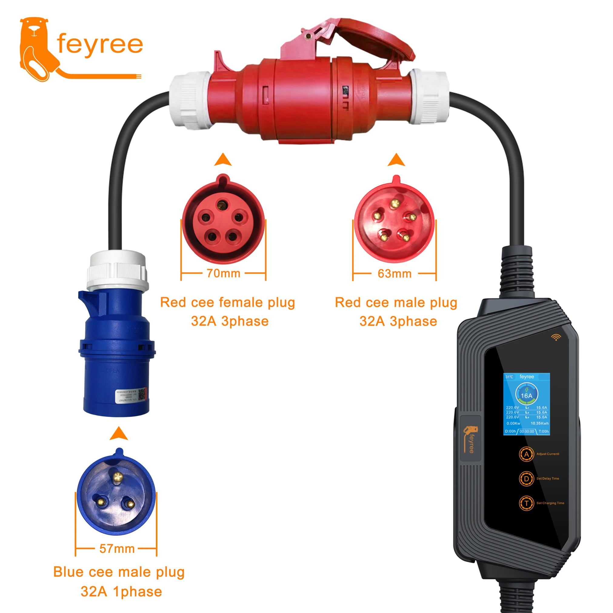 Feyree-estación de carga para vehículos eléctricos, Cable EV de 7kW, 11kW, 22kW, con aplicación de Control WIFI, IEC62196-2, EVSE Wallbox tipo 2