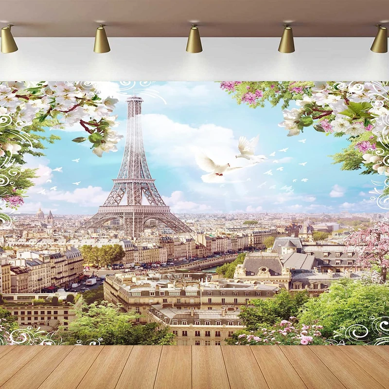 

Paris Eiffel Tower Photography Backdrop Spring Scenery White Pink Flowers Trees Birds City View Wedding Birthday Background