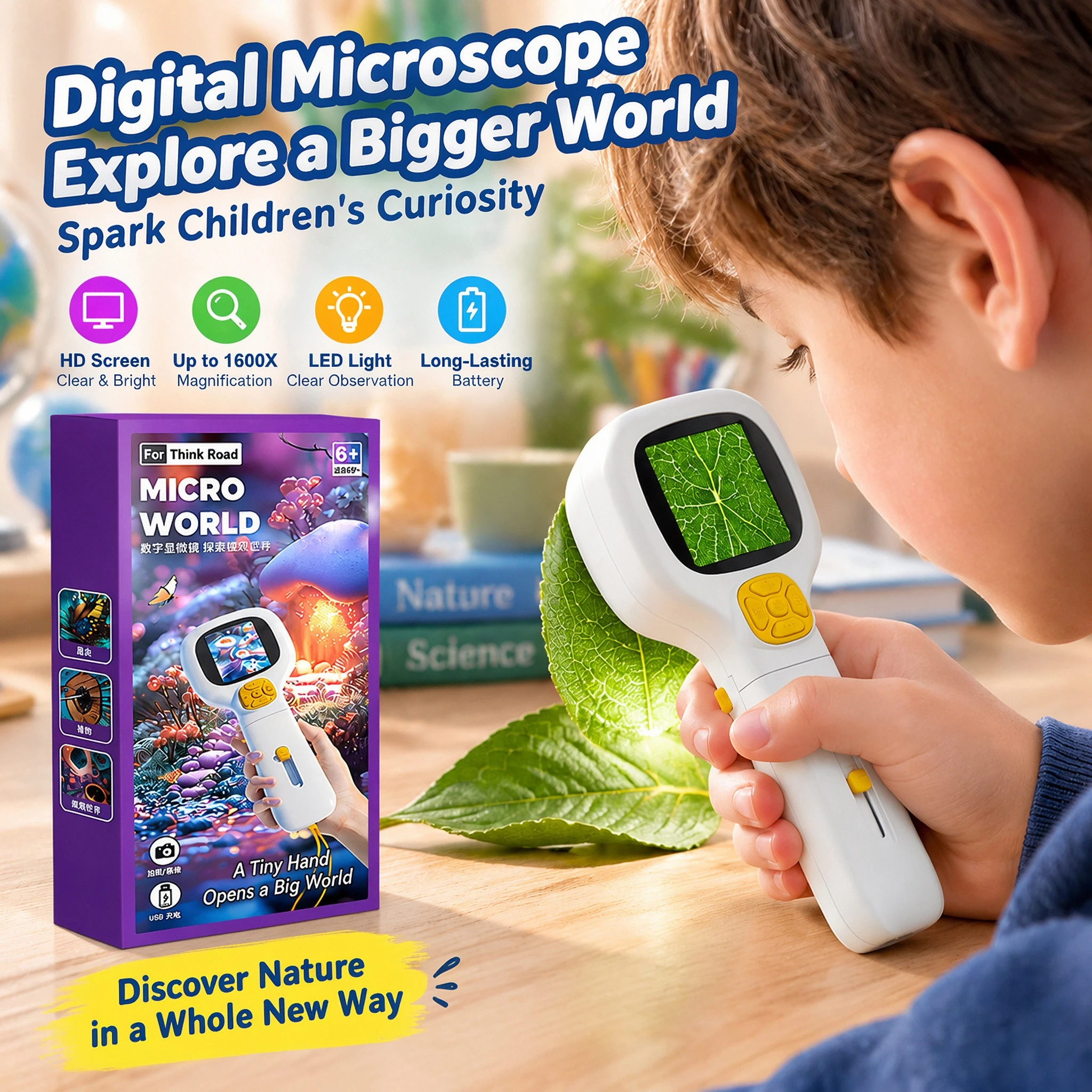 STEM Kids Microscope Toy, 1000X Handheld Magnification with Built-in LED Light, Educational Science Gift for Boys Girls