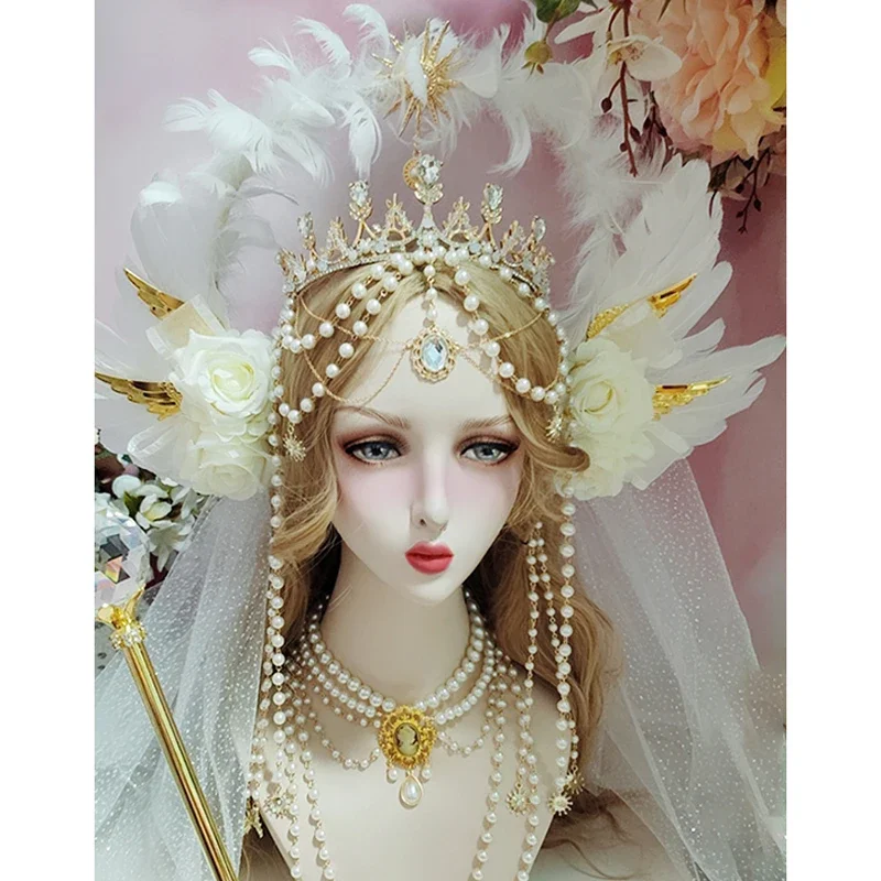 Gothic Lolita Witte Roos Engelenvleugels KC Halo Kroon Hoofddeksel Zonnegodin Mary Kralenketting Barokke Tiara Hoofddeksels Haaraccessoires