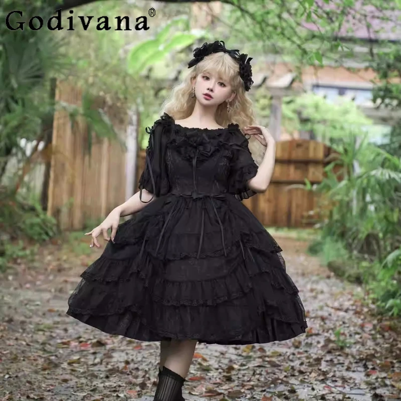 

Lolita Elegant Sweet Bow Spring Summer Retro Ruffles Jsk Princess Dress Girls High Waist A-line Square Neck Suspender Dresses