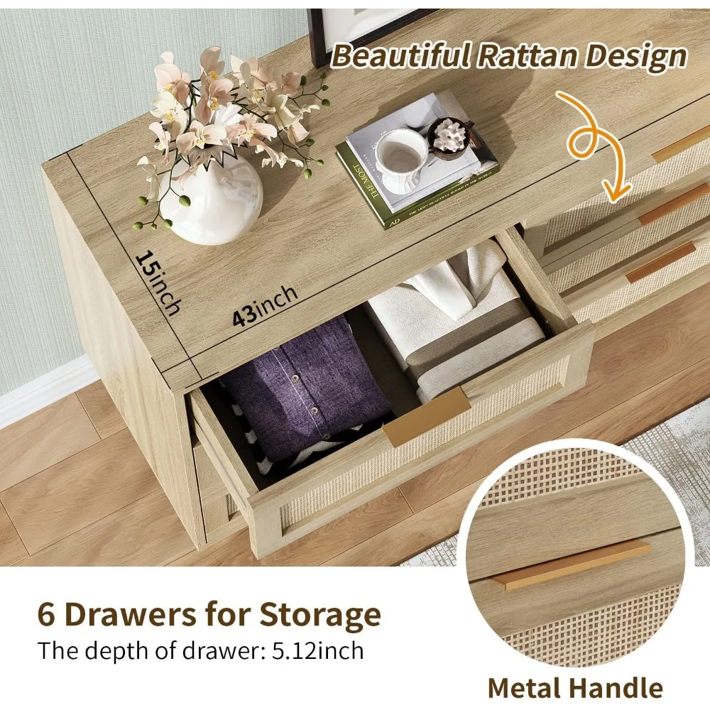 Rattan Dresser for Bedroom, 6 Drawer Wide Dresser, Boho&Farmhouse Chest of Drawers, 43" Clothes Storage Cabinet, Metal Handle image 4