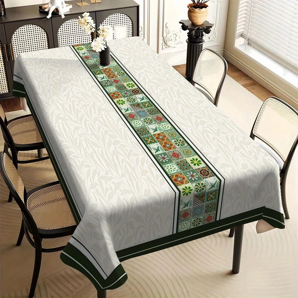 Vintage Floral Tile Tablecloth, Off White Base With Colorful Floral Tile Center Strip Print, Rectangular Table Cover for Dining