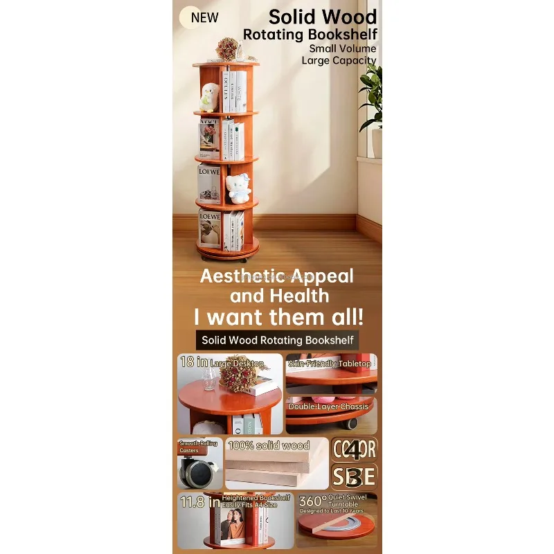 Furniture Round Rotating Bookshelf Suitable for Library, School, Home Office Wooden Bookcase