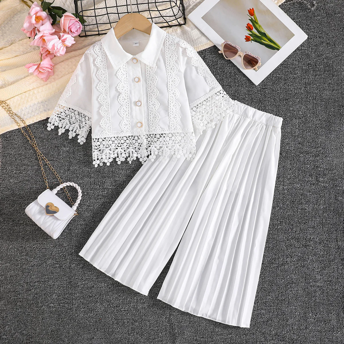 Toddler Girls 2Pcs Outfit Lace Top + Wide Leg Pants Set Fashion Casual Suit for Middle East & European American Style