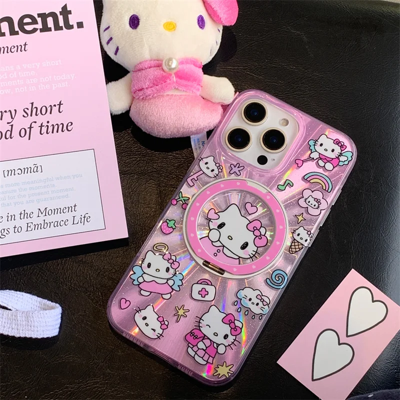 패션 귀여운 만화 헬로키티 마그네틱 폰 케이스 아이폰 16 프로 15 14 프로 맥스 16 프로맥스 링 포함 만화 케이스 15