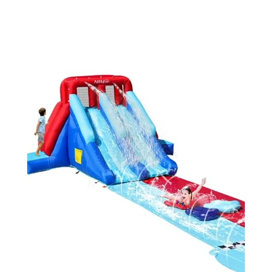 

Backyard summer party inflatable water slide for kids: PVC dual racing slides with 2 surfboards long sliding runway 450W extern