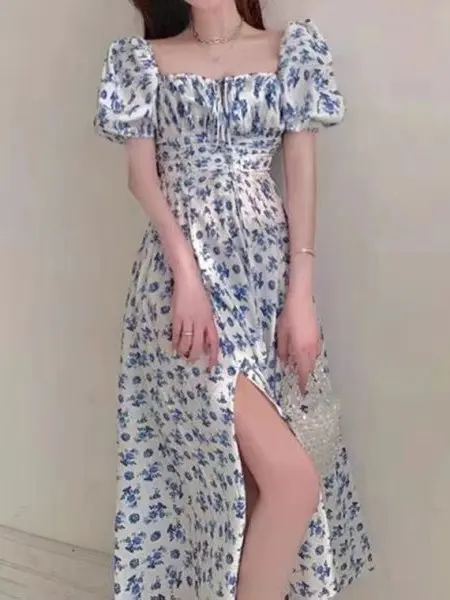 Elegant Floral dress Women's 2024 Summer New Long Split dress Elegant Design Tea Break French Dress slim fit waist Q2CT