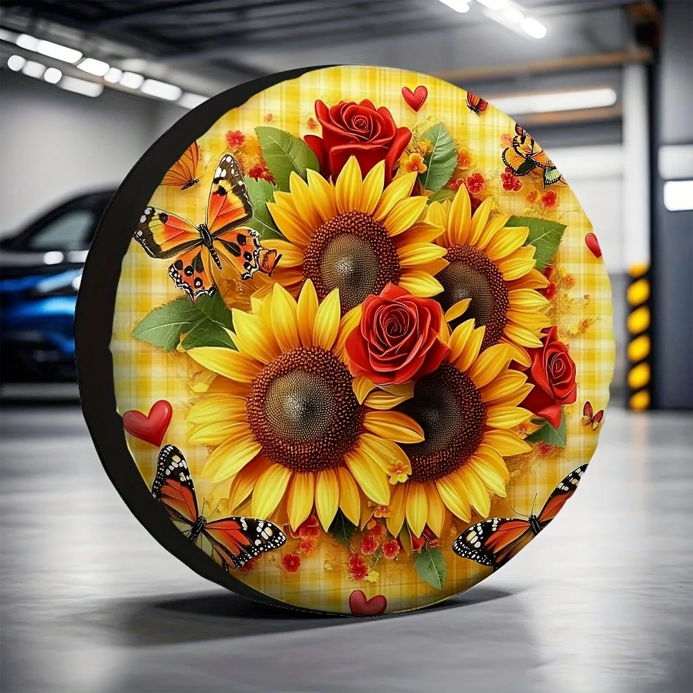 Sunflower Rose Butterfly Tire Cover Polyester Waterproof Spare Wheel Protector for SUV