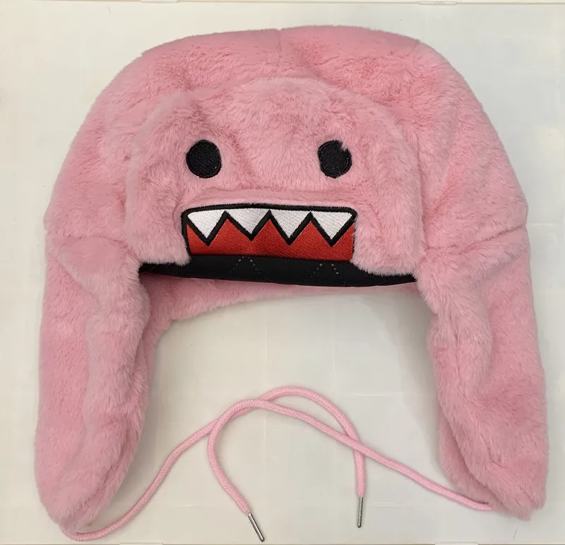 Domo Kun różowa pluszowa czapka bomberka Ushanka Gorras Kawaii śliczna czapka zimowa dla kobiet Anime ciepła czapka