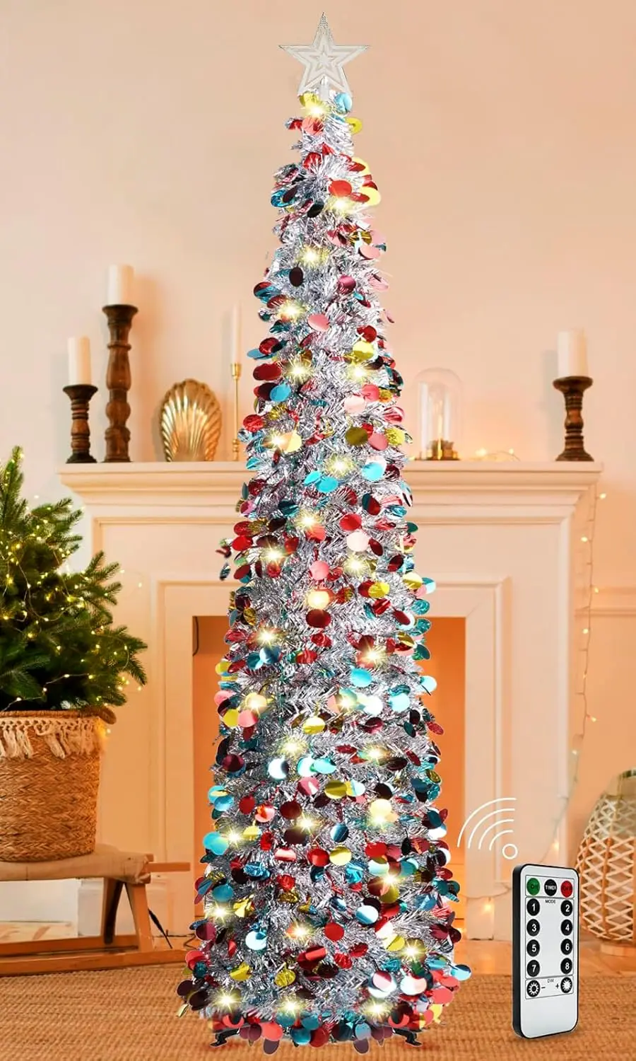

Всплывающая рождественская елка с мишурой длиной 5 футов с 8 режимами освещения - складная искусственная елка-карандаш для декора дома и вечеринки