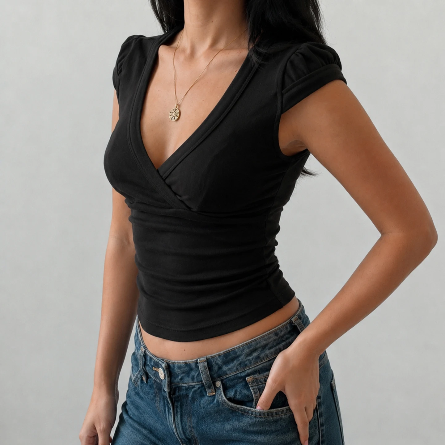 SUCHCUTE Y2K Basic Wrap V Neck T-shirt Cap Sleeve Ruched Waist Slim Fit Cropped Casual Top Summer Women Tees Korean Harajuku