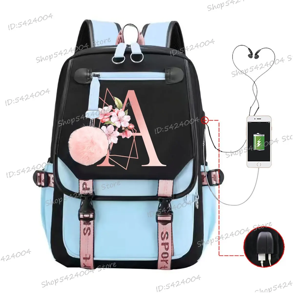 Hot Selling 26 Initials Pink Sakura School Bags for Girls Gift for Sakura Lover High Quality Backpack 26 Alphabet Outdoor Bags