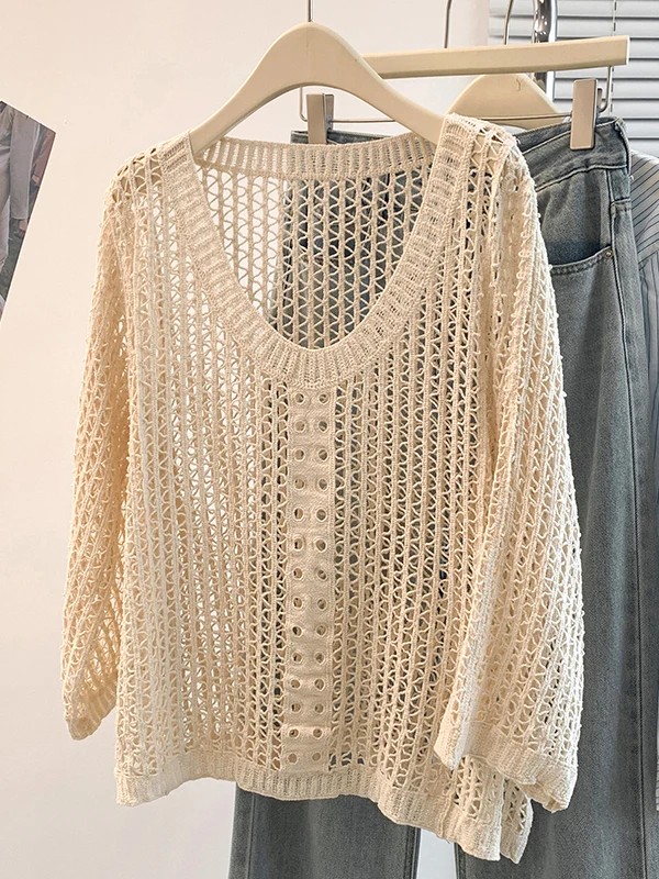 

Casual Women's Shirt Spring New Style Hollow out Hook Flower Single Piece Cover up Anti-Aging Regular Sleeve Long round Neck