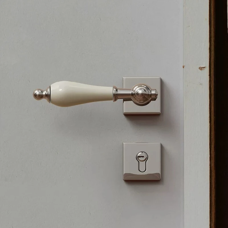 Ceramic Door Knob French Design Silent Magnetic Lock American Wood Handle Bright Silver Finish for Bedroom Interior Home