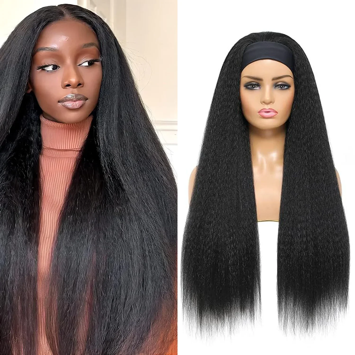 Synthetic Headband Wig Highlight Wig Black Long Straight Yaki Wig For Black Women Daily Party Cosplay Wigs