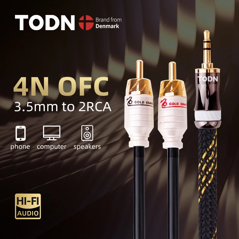 TODN HiFi 4N OFC RCA كابل الصوت 3.5 مللي متر إلى 2RCA aux التوصيل إشارة ثعبان مطلية بالذهب التوصيل لمكبر الصوت الهاتف المحمول