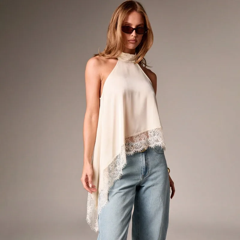 

Sexy Summer Tops Women's Fashion Lace Patchwork Backless Solid Tank Tops Casual Party Beach Vacation Female T-Shirts