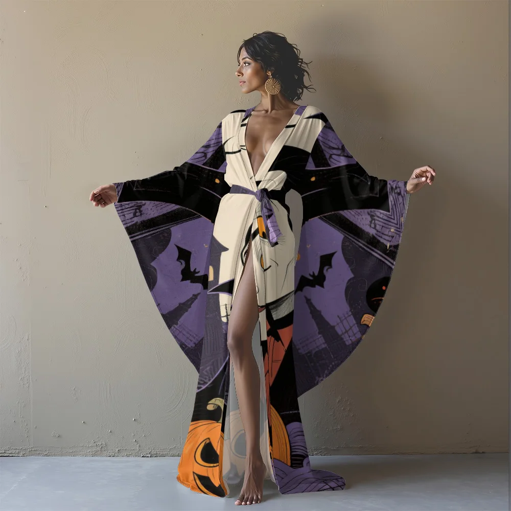 Elegante Fantasy-Robe mit hohem Schlitz für Damen, Gothic-Stil, Partykleidung, Skelett-Halloween-Robe, langärmelig, V-Ausschnitt, lange Robe, Cosplay
