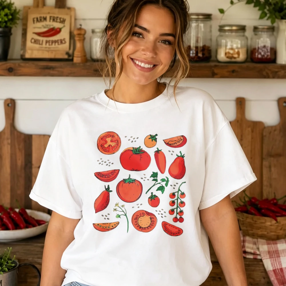 Women Crew Neck Short Sleeve T-Shirt Hand Drawn Sliced & Whole Cherry Tomato Vegetable Print Cotton Tee Cottagecore Summer Tops