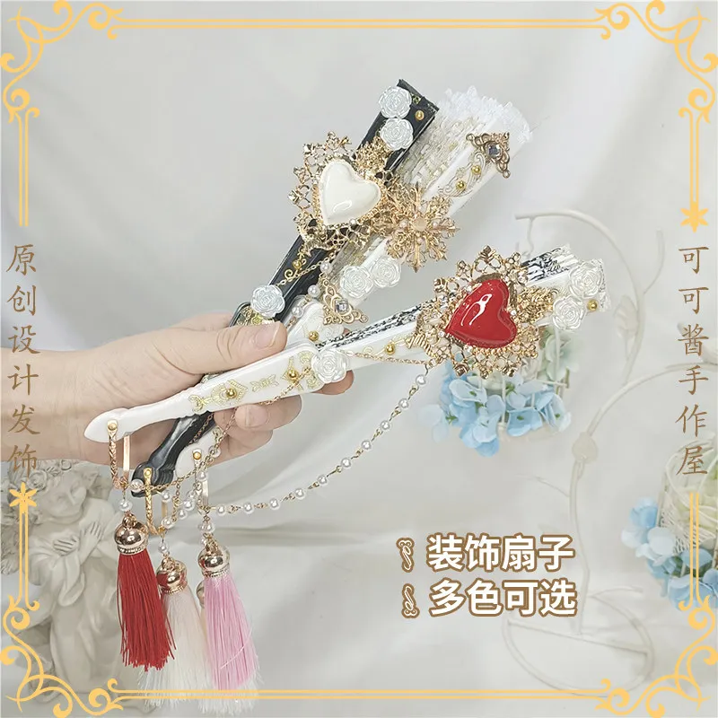 Lolita Fan Gorgeous Retro European Court Baroque Rose Folding Fan Black and White Tassel Comic Show Cos Props