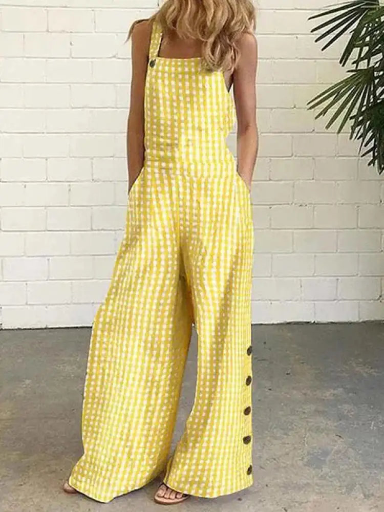 

Yeezzi Women's Fashion Plaid Wide Leg Jumpsuit 2024 New Summer Sleeveless Loose Fit Casual Collarless Halter Overalls Rompers