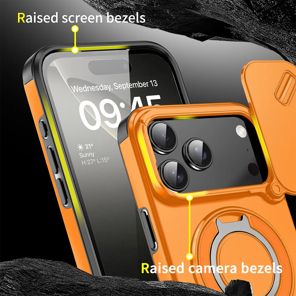 Magnetic Ring Stand Case for Apple iPhone 17 Air 16 15 14 13 12 Pro Max Plus With Sliding Camera Cover 360°Rotatable Kickstand view 4