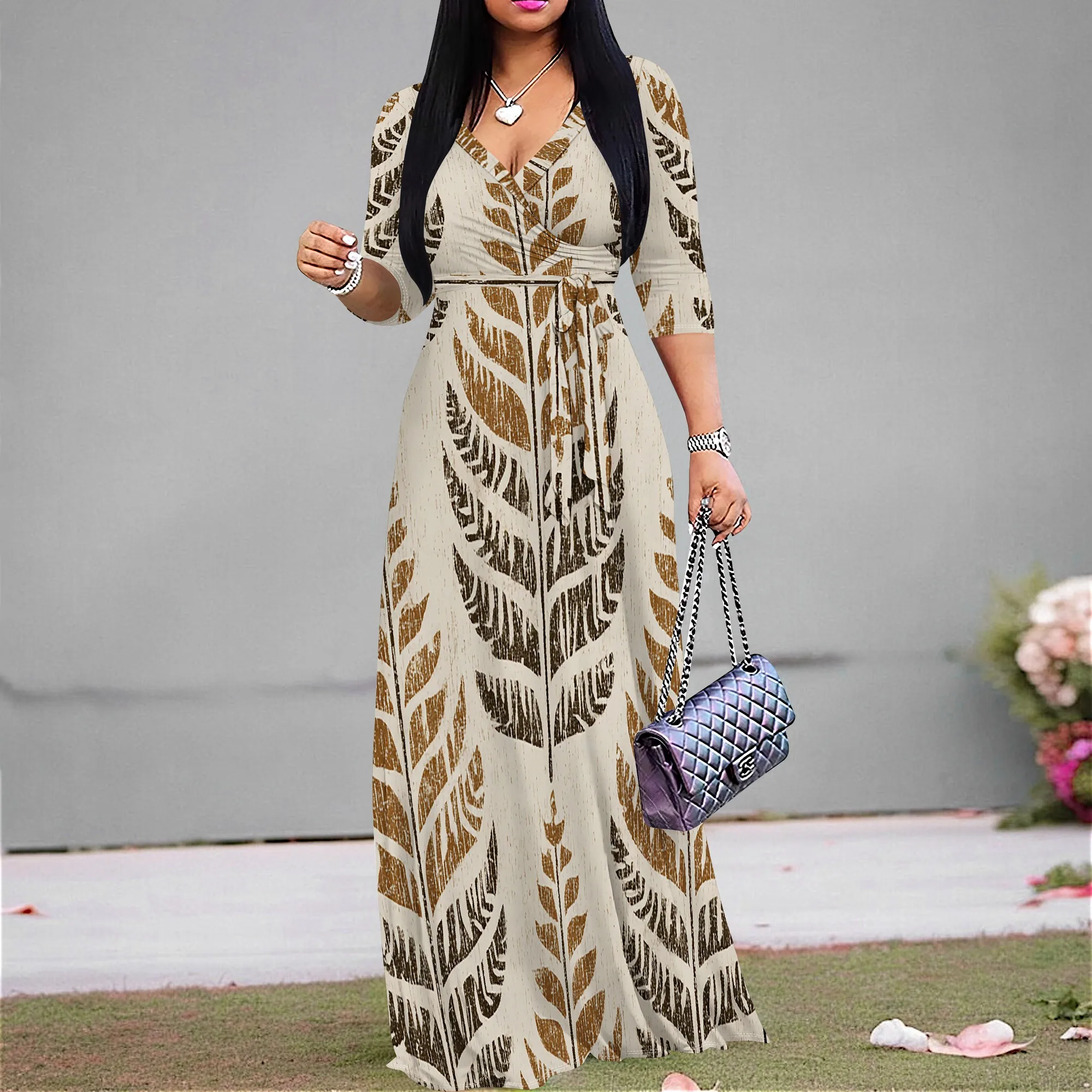 

Leaf Print V-Neck Maxi Dress Women Elegant Three Quarter Sleeve High Waist Belted Party Holiday Dress 2025 XS-3XL