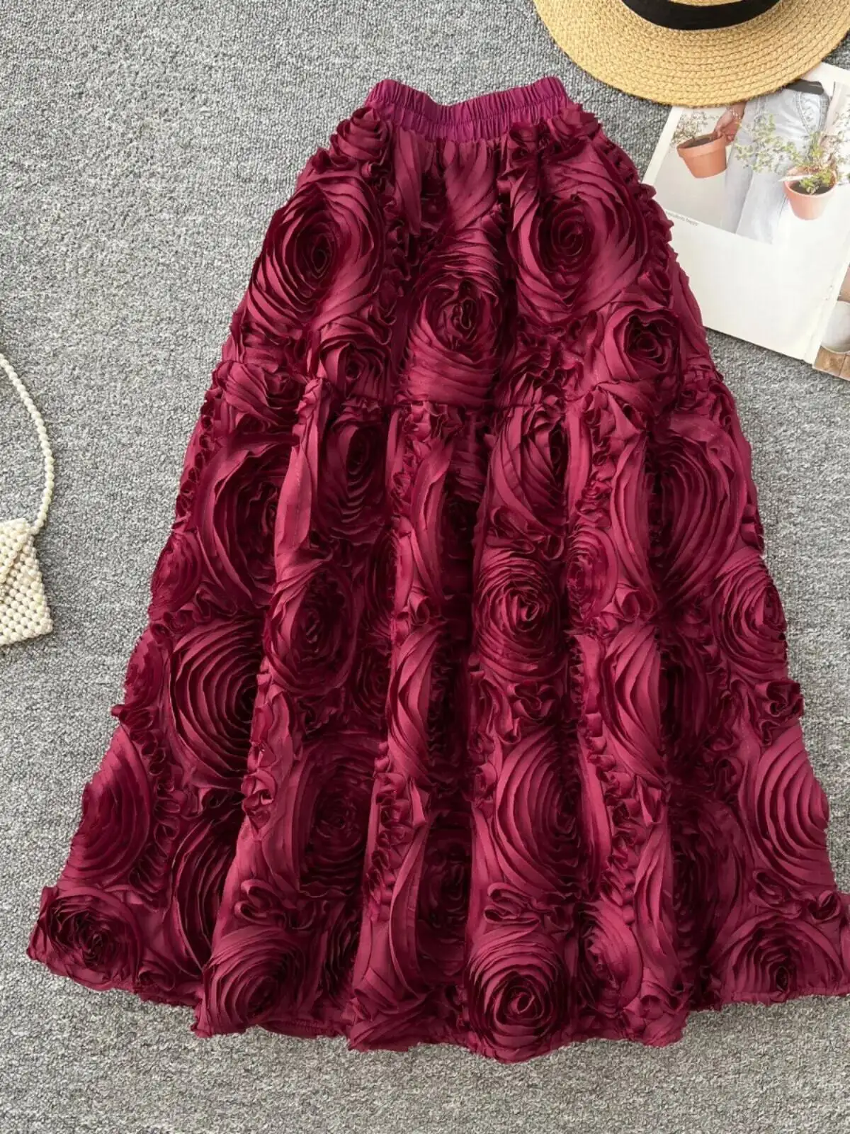 French Style Evening Party Dress Women Vintage Three-dimensional Floral Skirt Spring High Waisted A-line Mid Length Skirt