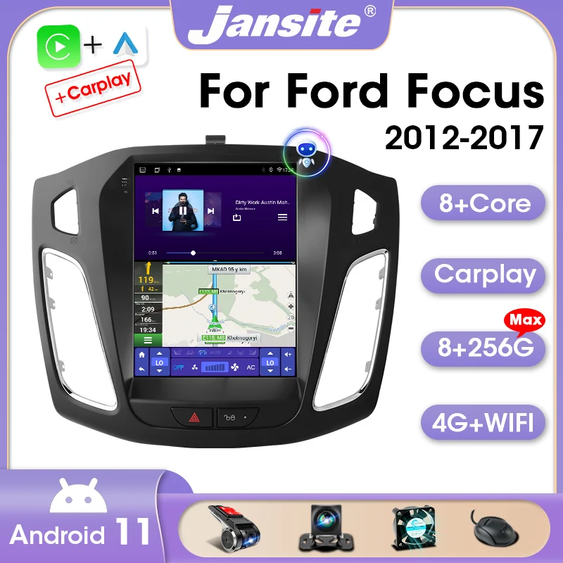 

Автомобильная магнитола Jansite для Ford Focus 3 Mk3 2012-2017, 2Din, Android 11, мультимедийный плеер, видео 8 ГБ + 256 ГБ, Carplay, стерео, DSP с разделенным экраном