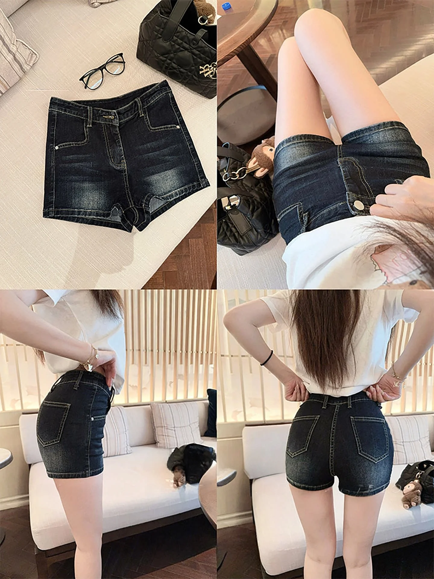 

Retro American Faded Denim orts Women's Waist Cinched Tight Slimming Butt Covering Hot Pants Cotton Elastic Jeans