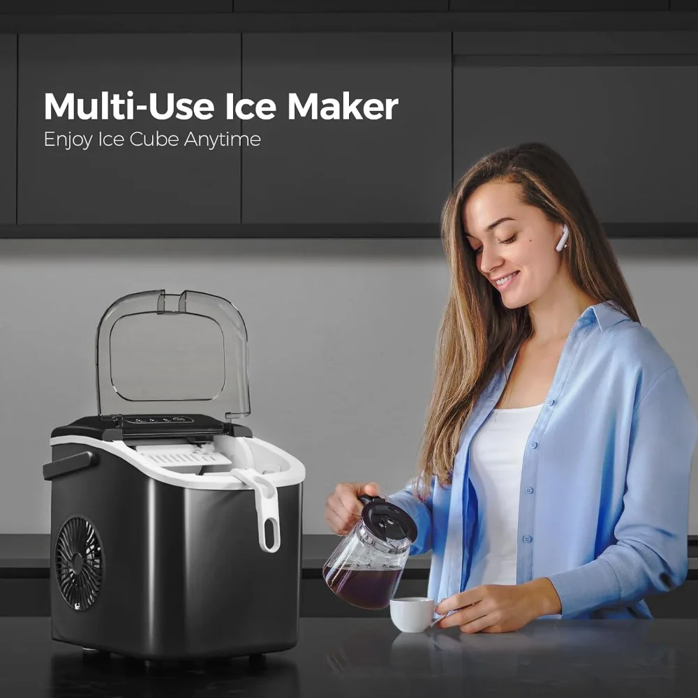 Máquina de gelo de bancada com alça, Ice Makers auto-limpeza, 26Lbs, 24H,9 cubos, pronto em 6 minutos