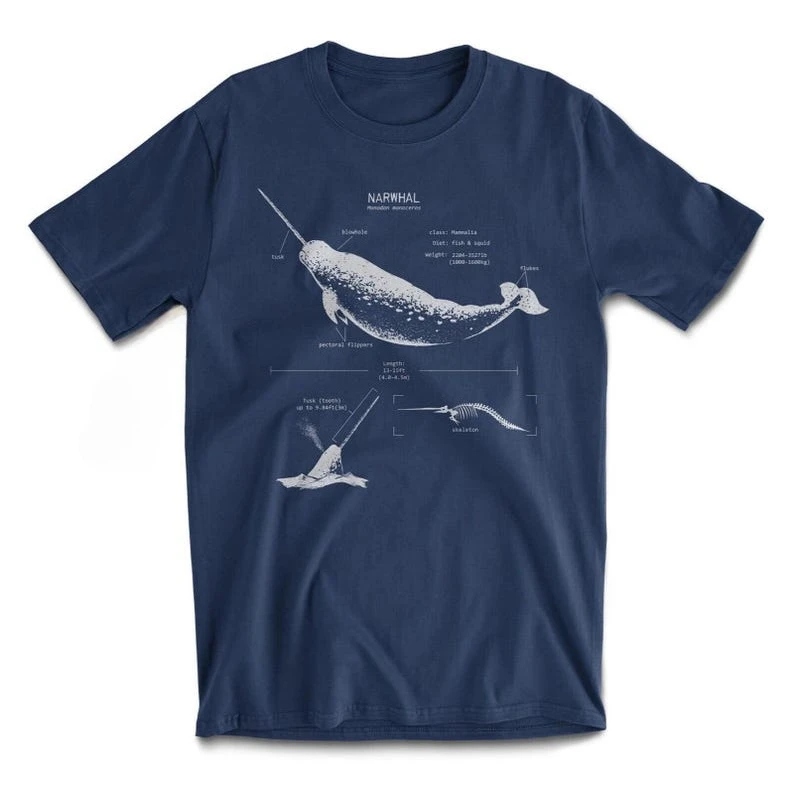 Narwhal Anatomy T-shirt Narwhal Shirt Ocean Unicorn T-shirt Narwhal Original Drawing Personality Simple Street Art Aesthetic Top