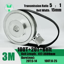 HTD3M 20T 100Teeth 20Teeth 100T Timing Pulley Belt Set Belt Width 15mm Bore 5~25mm Reduction 5:1 3M Pulley Kit Synchronous Wheel